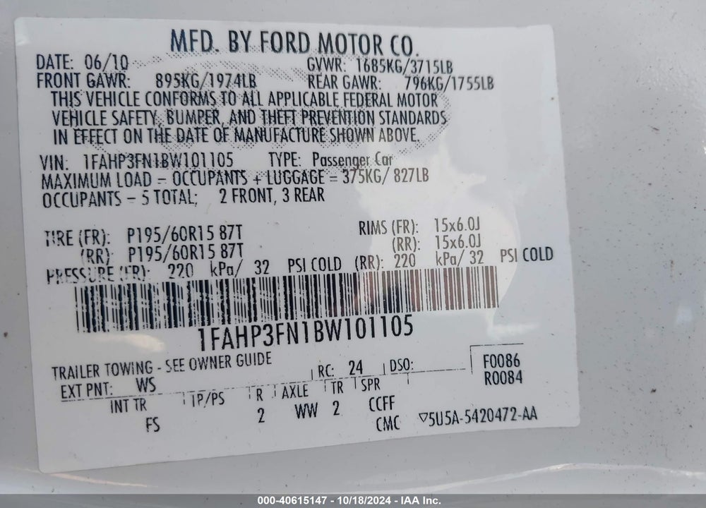 2011 FORD FOCUS SE VIN: 1FAHP3FN1BW101105