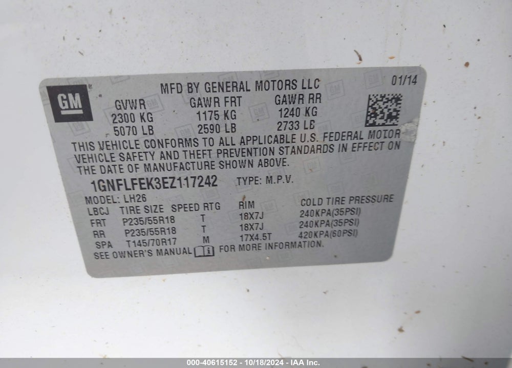 2014 CHEVROLET EQUINOX 1LT VIN: 1GNFLFEK3EZ117242