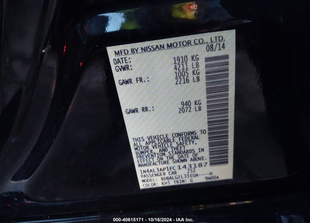 2015 NISSAN ALTIMA 2.5 S VIN: 1N4AL3AP1FC143187