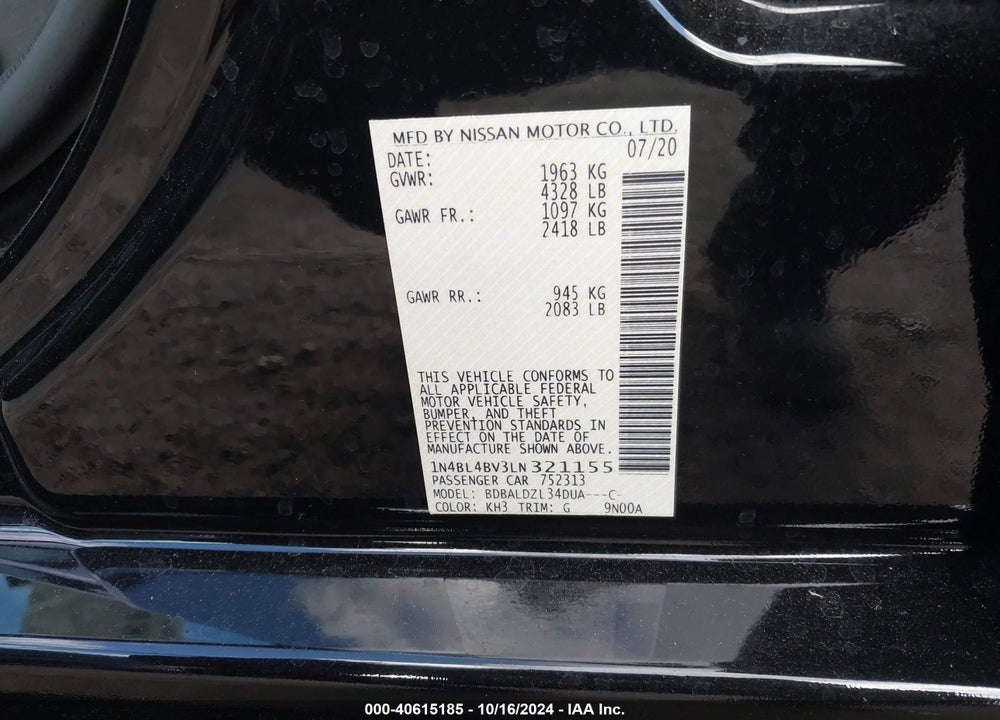 2020 NISSAN ALTIMA S FWD VIN: 1N4BL4BV3LN321155