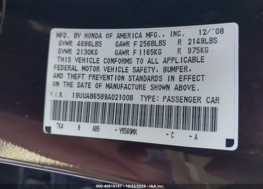 2009 ACURA TL 3.5 VIN: 19UUA86589A021008