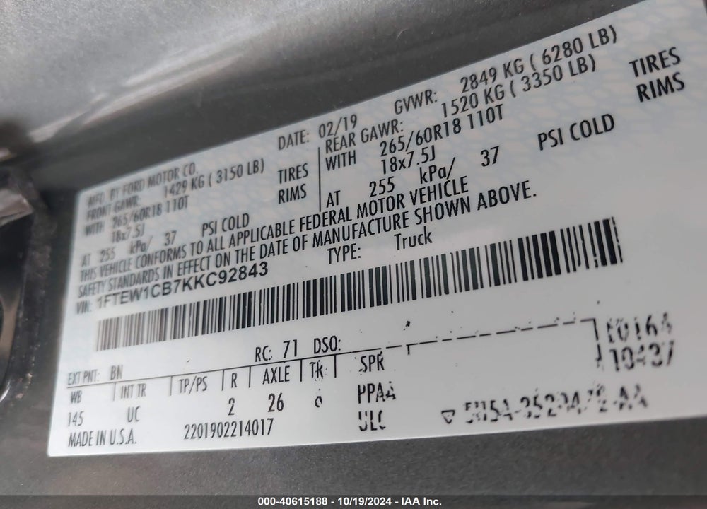 2019 FORD F-150 XLT VIN: 1FTEW1CB7KKC92843