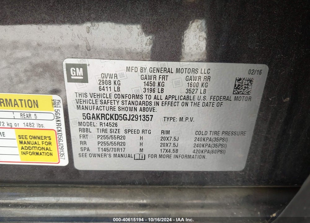 2016 BUICK ENCLAVE PREMIUM VIN: 5GAKRCKD5GJ291357