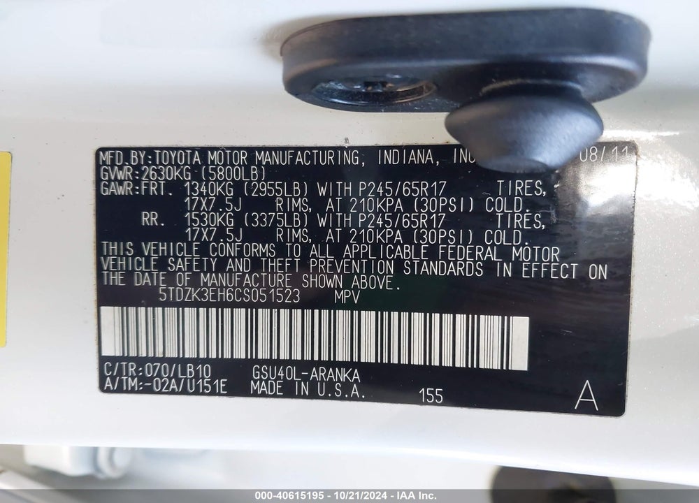 2012 TOYOTA HIGHLANDER SE V6 VIN: 5TDZK3EH6CS051523