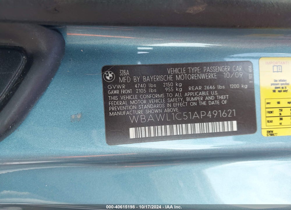 2010 BMW 328I VIN: WBAWL1C51AP491621