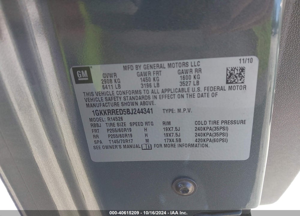 2011 GMC ACADIA SLT-1 VIN: 1GKKRRED5BJ244341
