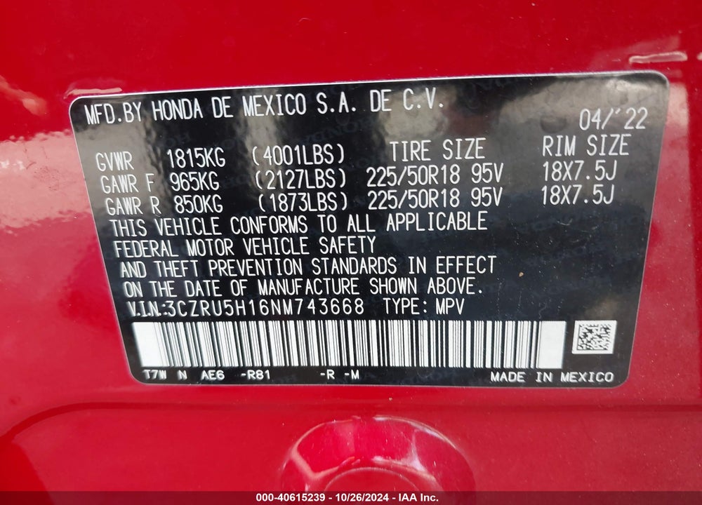 2022 HONDA HR-V 2WD SPORT VIN: 3CZRU5H16NM743668