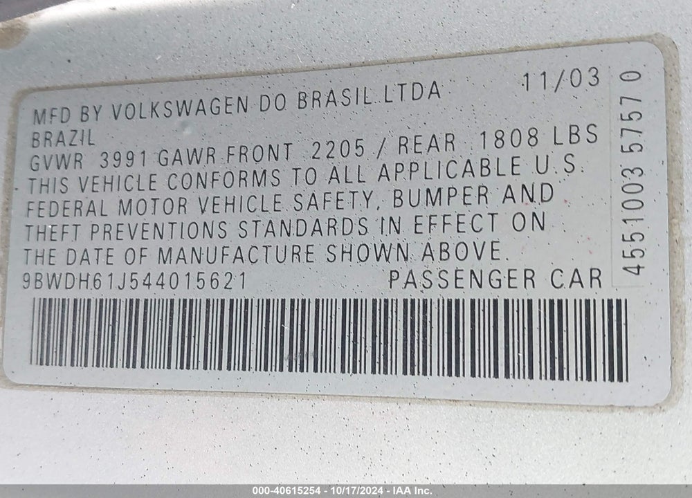 2004 VOLKSWAGEN GTI VR6 VIN: 9BWDH61J544015621