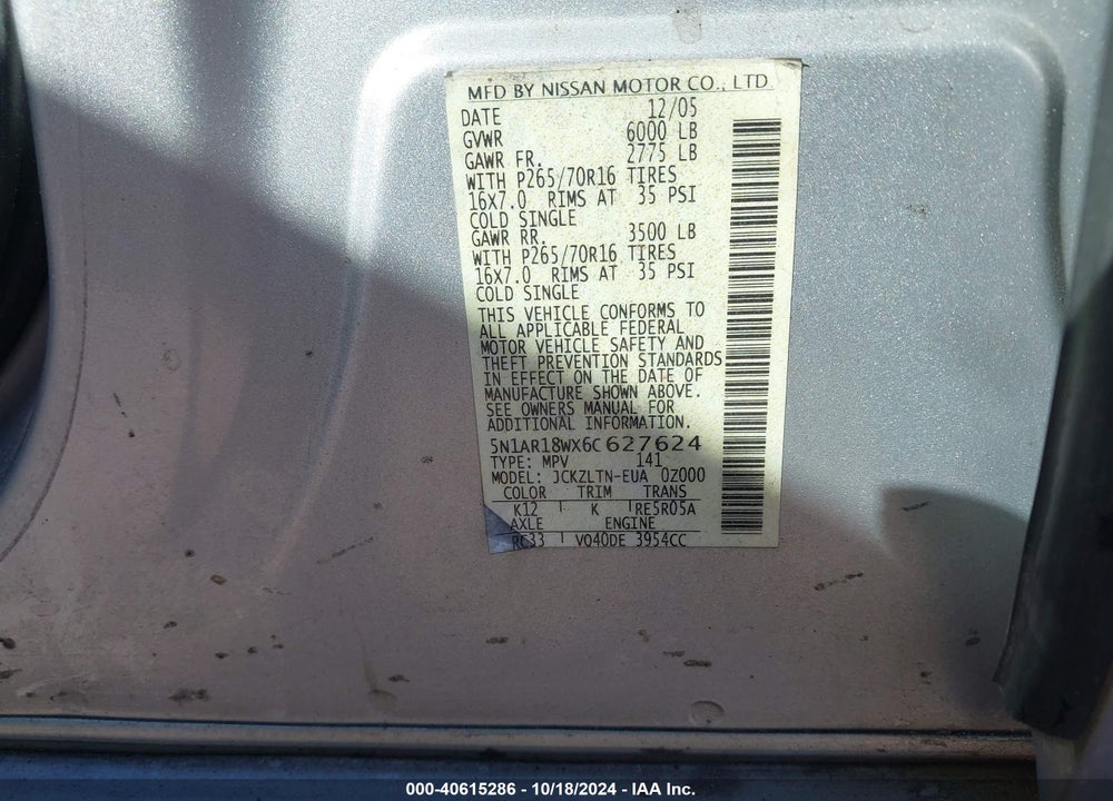 2006 NISSAN PATHFINDER VIN: 5N1AR18WX6C627624