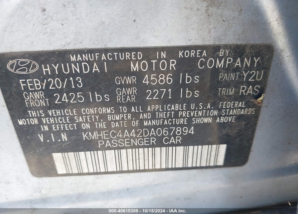 2013 HYUNDAI SONATA HYBRID LIMITED VIN: KMHEC4A42DA067894