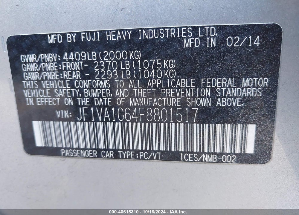 2015 SUBARU WRX LIMITED VIN: JF1VA1G64F8801517