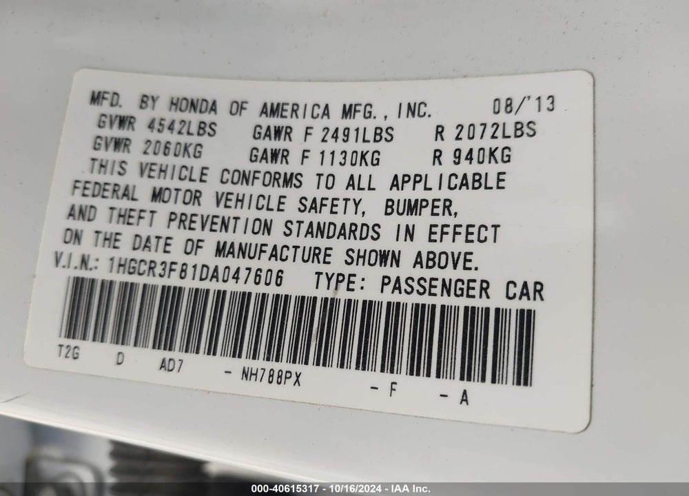 2013 HONDA ACCORD EX-L V-6 VIN: 1HGCR3F81DA047606