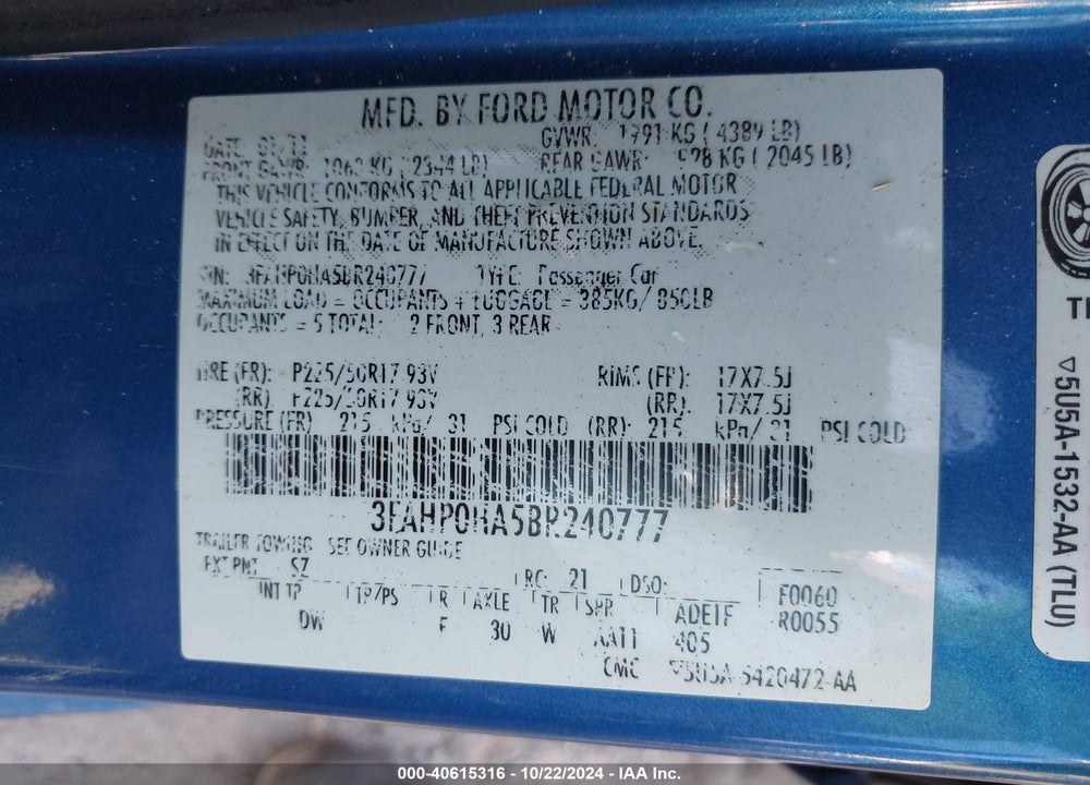 2011 FORD FUSION SE VIN: 3FAHP0HA5BR240777