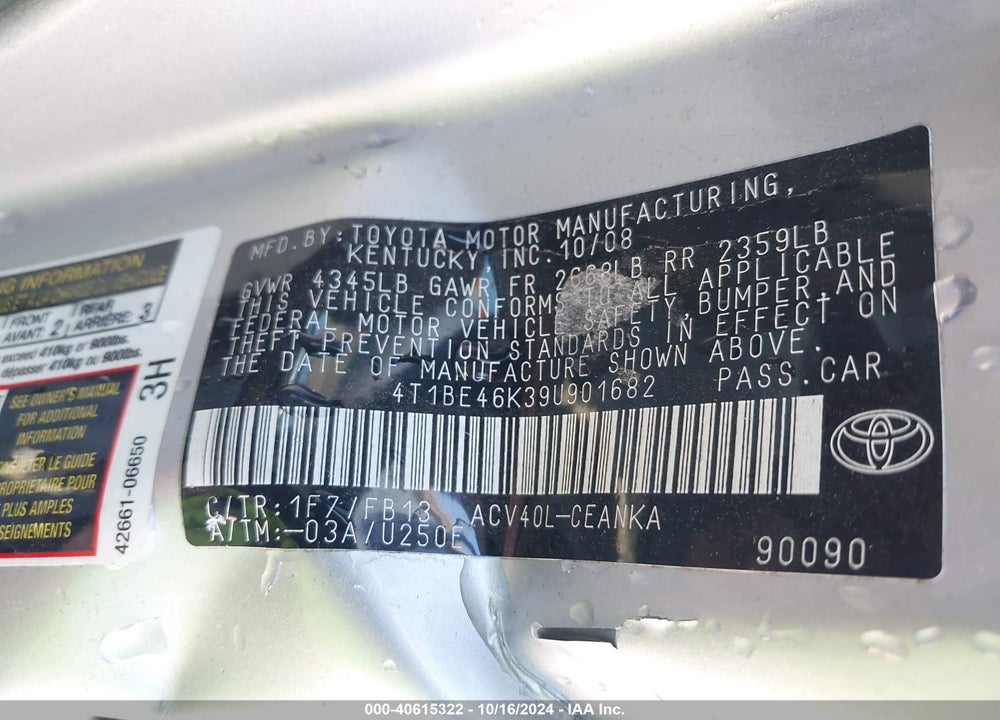 2009 TOYOTA CAMRY LE VIN: 4T1BE46K39U901682