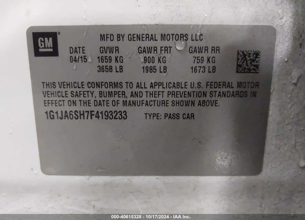 2015 CHEVROLET SONIC LS AUTO VIN: 1G1JA6SH7F4193233