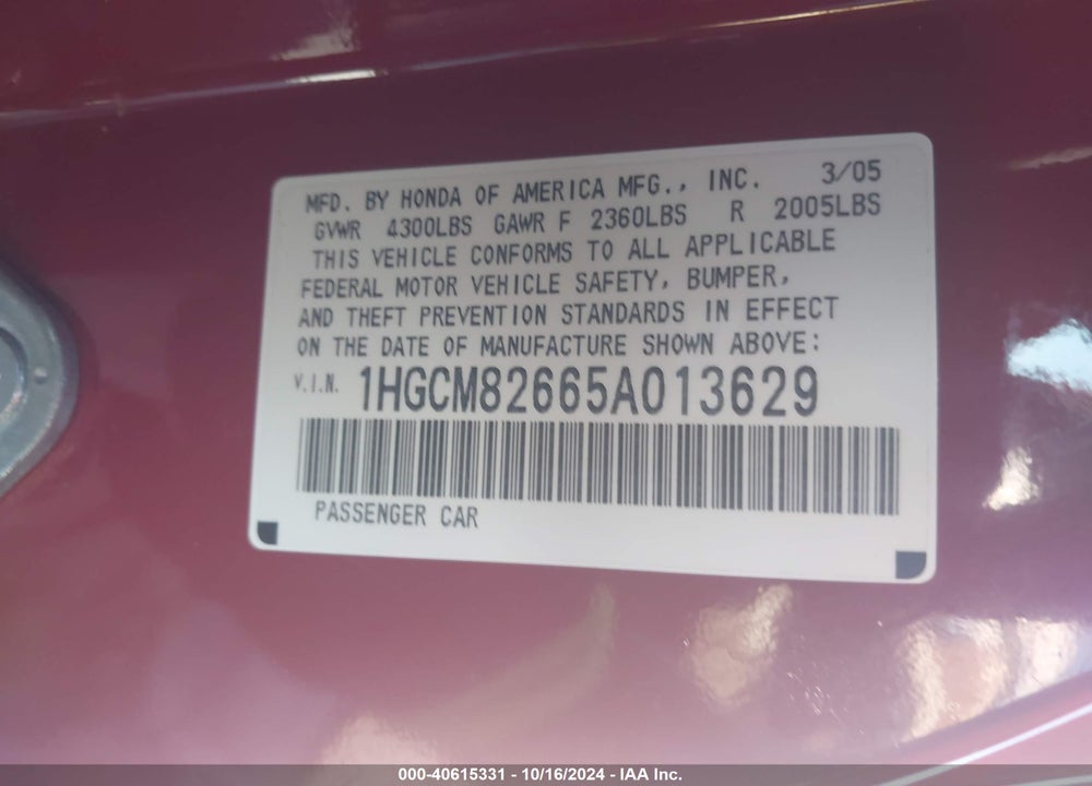 2005 HONDA ACCORD 3.0 EX VIN: 1HGCM82665A013629