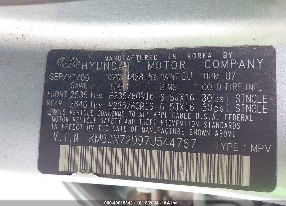 2007 HYUNDAI TUCSON VIN: KM8JN72D97U544767