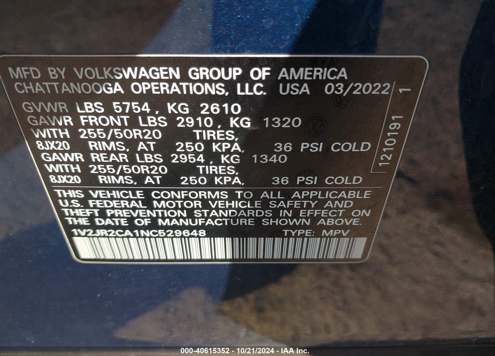 2022 VOLKSWAGEN ATLAS 3.6L V6 SE W/TECHNOLOGY VIN: 1V2JR2CA1NC529648
