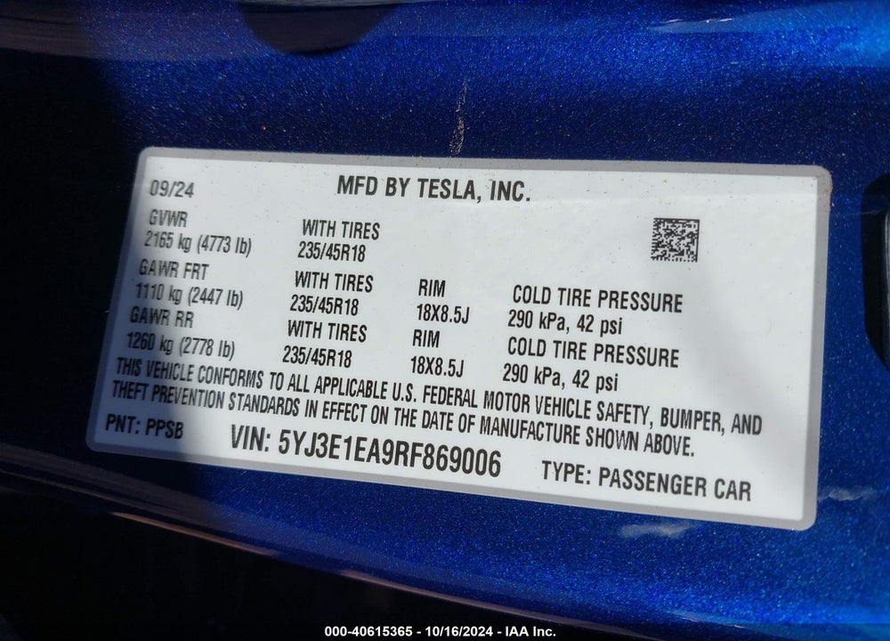 2024 TESLA MODEL 3 REAR-WHEEL DRIVE VIN: 5YJ3E1EA9RF869006