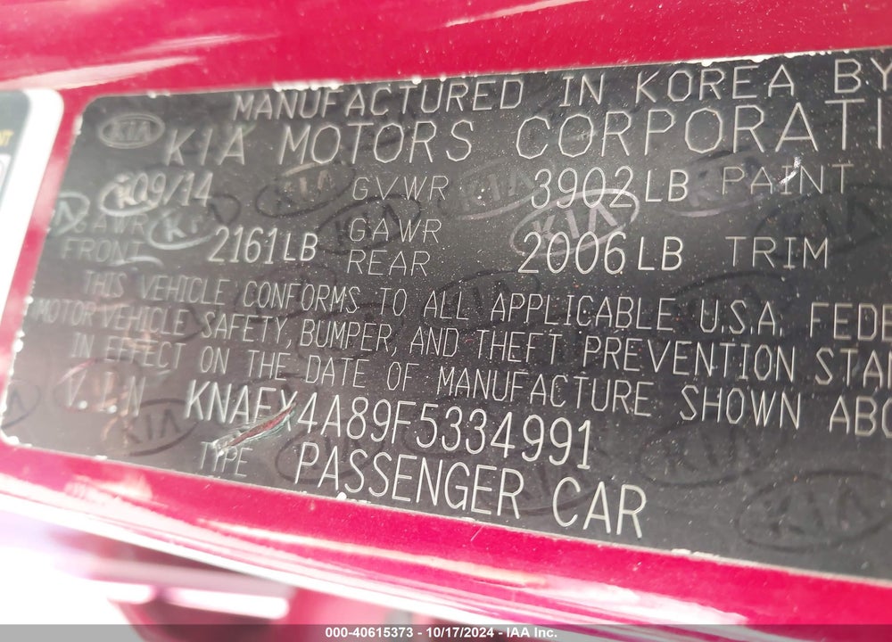 2015 KIA FORTE EX VIN: KNAFX4A89F5334991
