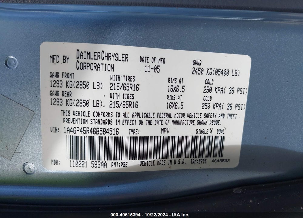 2006 CHRYSLER TOWN & COUNTRY VIN: 1A4GP45R46B584516