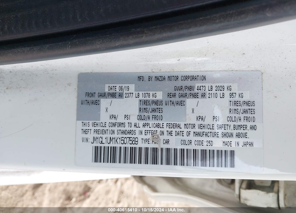 2019 MAZDA 6 SPORT VIN: JM1GL1UM1K1507589