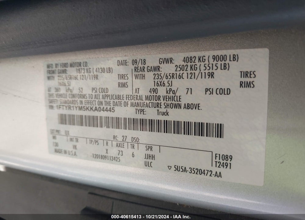 2019 FORD TRANSIT-250 VIN: 1FTYR1YM5KKA04445