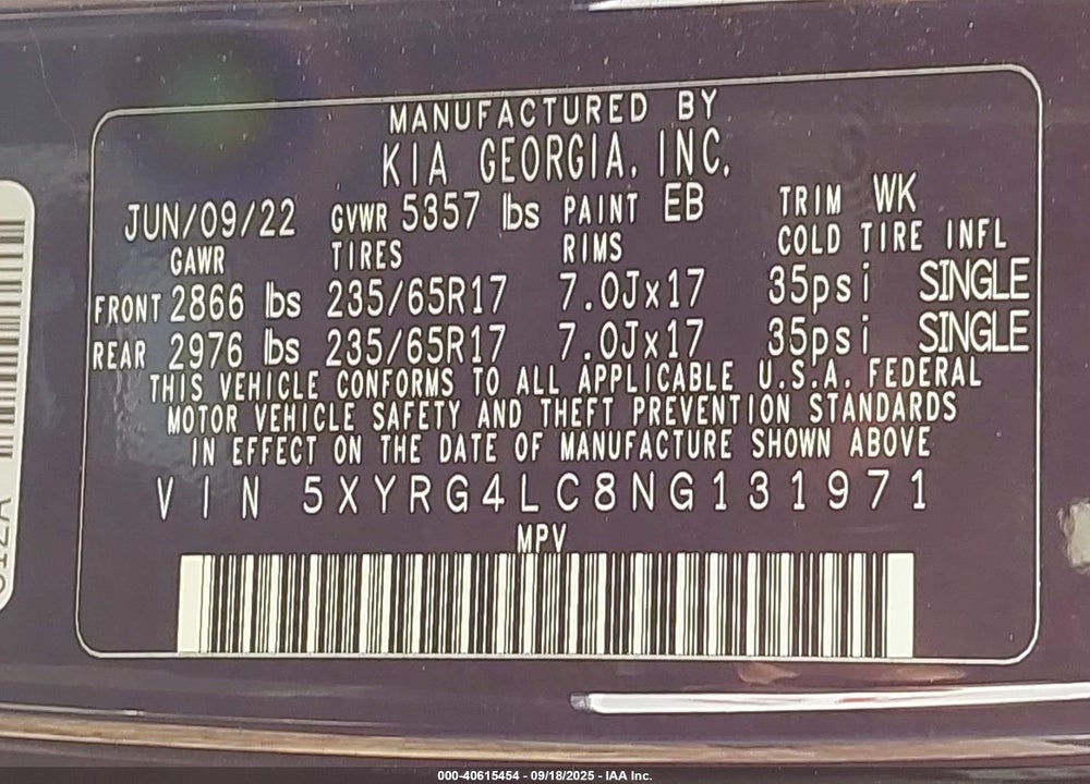 2022 KIA SORENTO VIN: 5XYRG4LC8NG131971