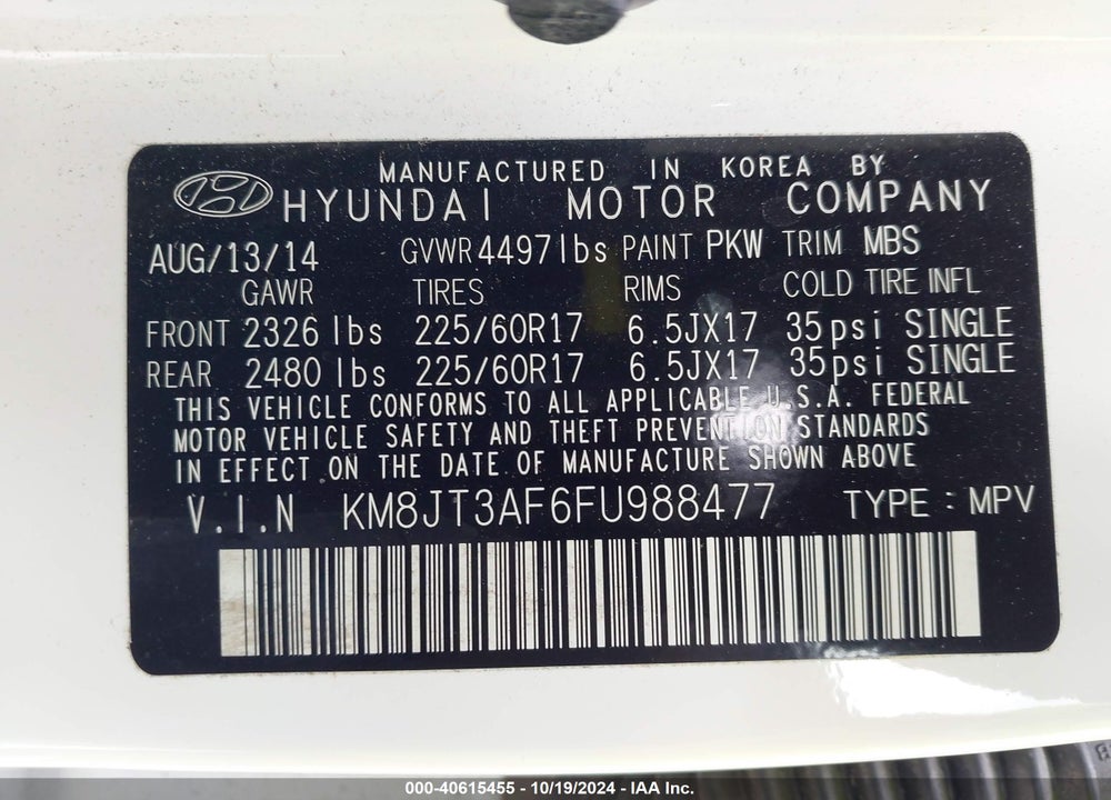 2015 HYUNDAI TUCSON GLS VIN: KM8JT3AF6FU988477
