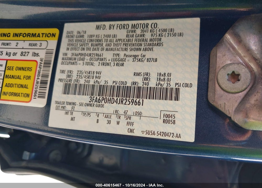2018 FORD FUSION SE VIN: 3FA6P0HD4JR259661