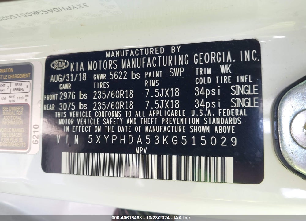 2019 KIA SORENTO 3.3L EX VIN: 5XYPHDA53KG515029