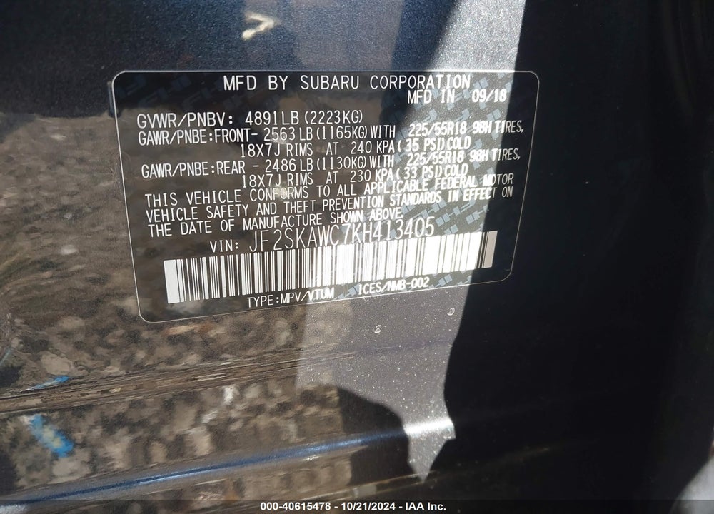 2019 SUBARU FORESTER TOURING VIN: JF2SKAWC7KH413405