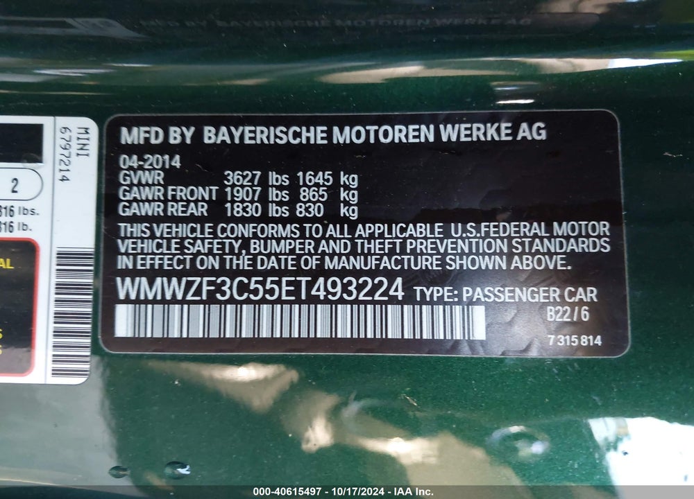 2014 MINI CLUBMAN COOPER VIN: WMWZF3C55ET493224