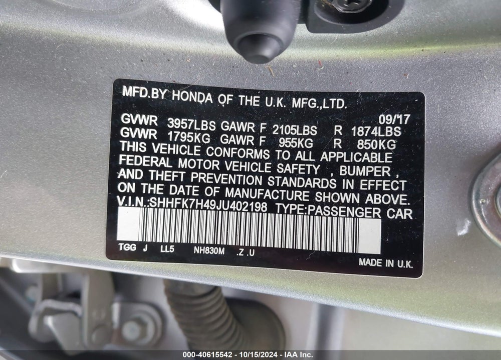 2018 HONDA CIVIC SPORT VIN: SHHFK7H49JU402198