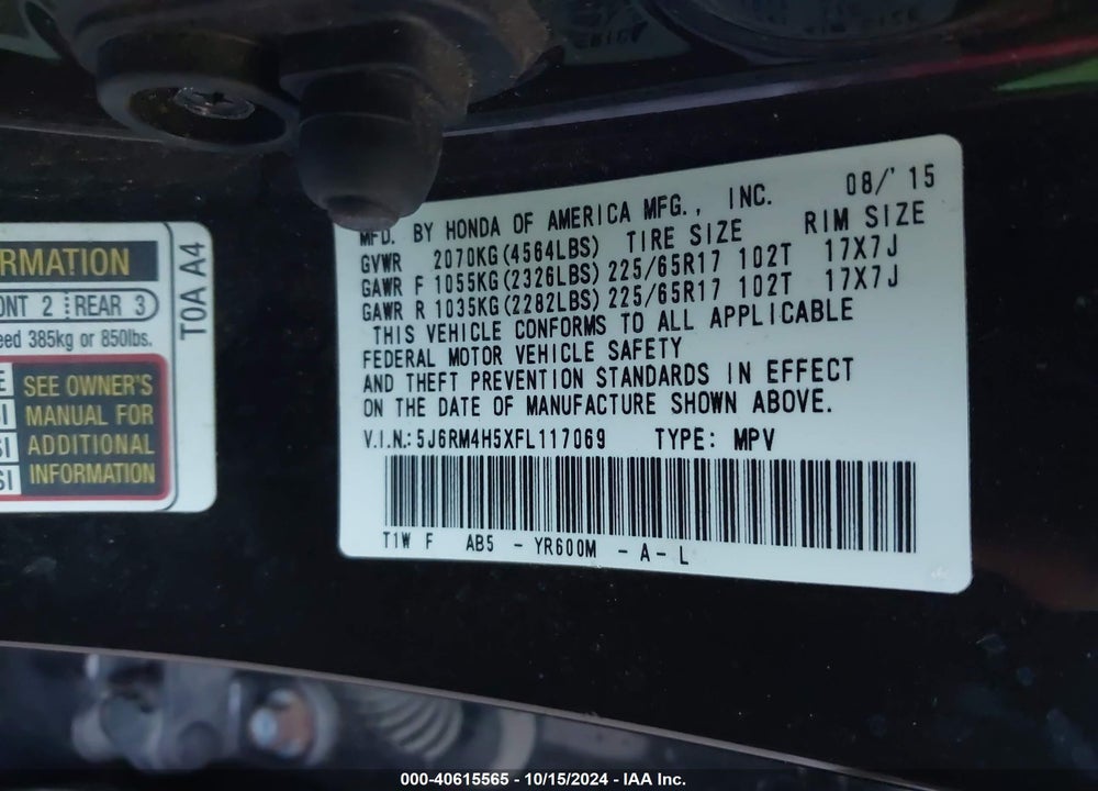 2015 HONDA CR-V EX VIN: 5J6RM4H5XFL117069