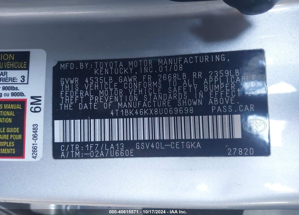 2008 TOYOTA CAMRY XLE V6 VIN: 4T1BK46KX8U069698