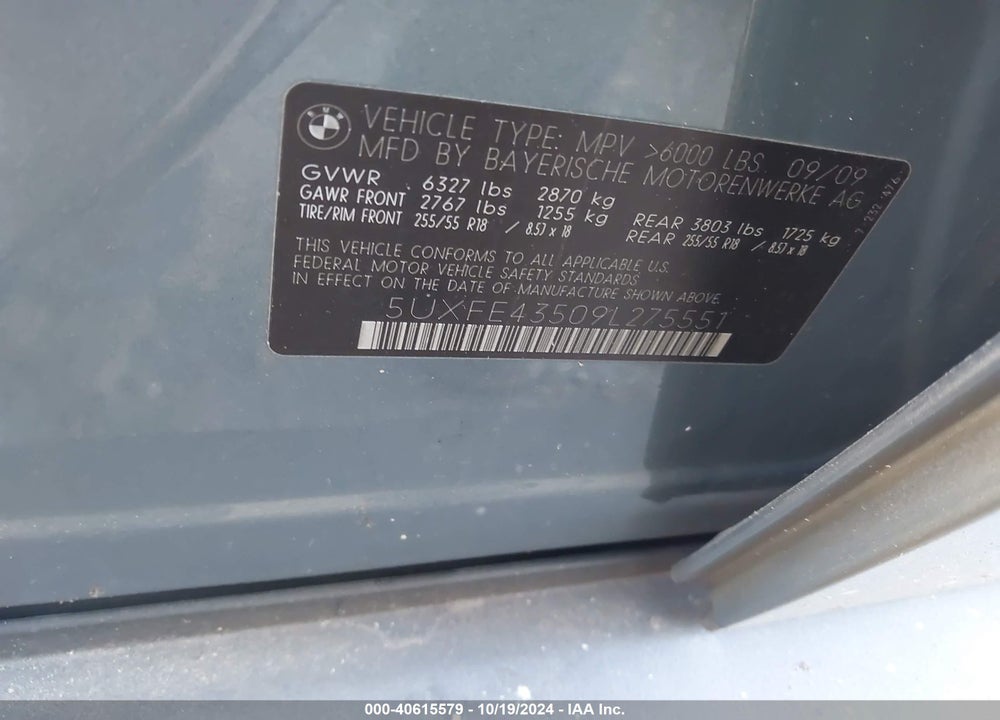 2009 BMW X5 XDRIVE30I VIN: 5UXFE43509L275551