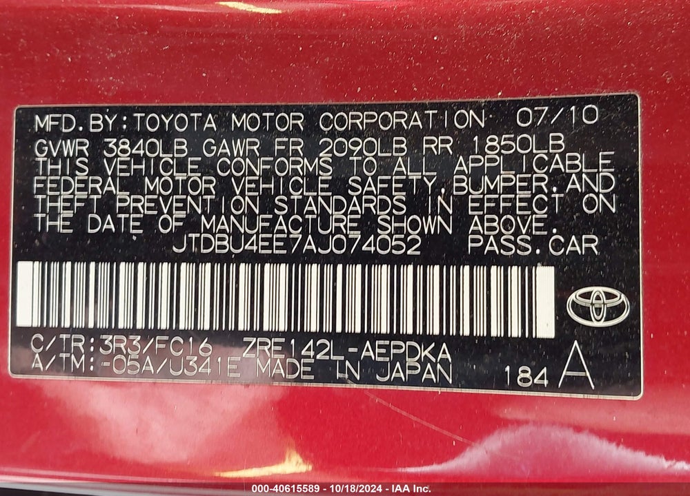 2010 TOYOTA COROLLA LE VIN: JTDBU4EE7AJ074052