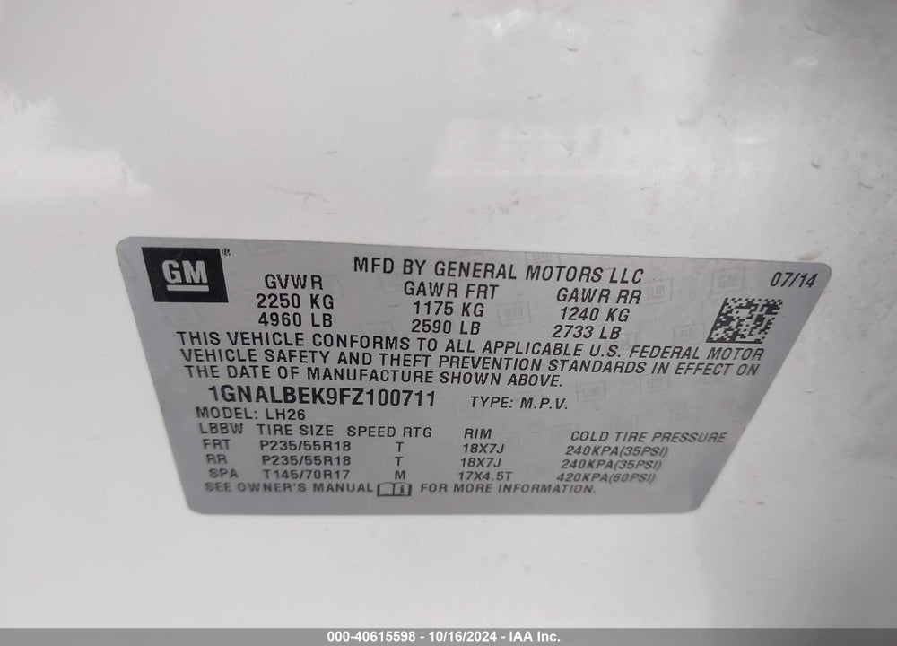 2015 CHEVROLET EQUINOX 1LT VIN: 1GNALBEK9FZ100711