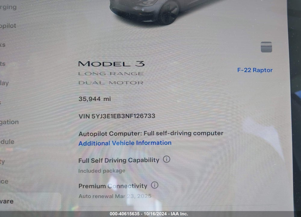 2022 TESLA MODEL 3 LONG RANGE DUAL MOTOR ALL-WHEEL DRIVE VIN: 5YJ3E1EB3NF126733