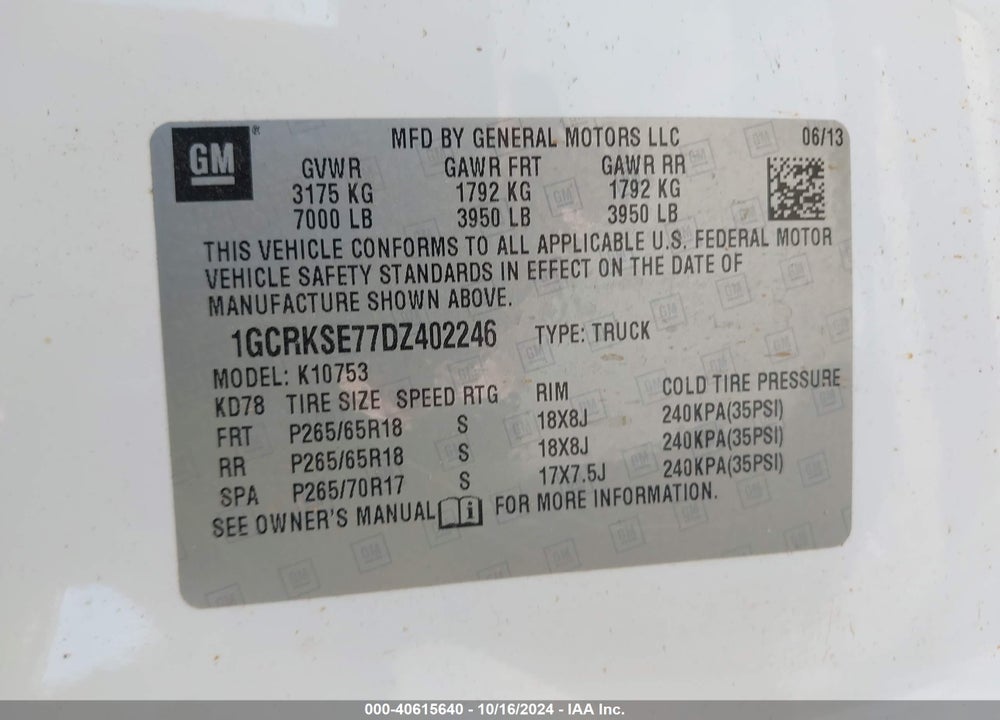 2013 CHEVROLET SILVERADO 1500 LT VIN: 1GCRKSE77DZ402246