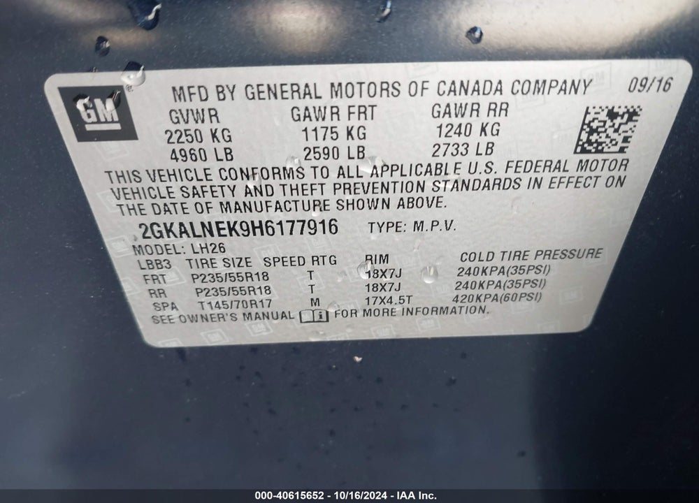 2017 GMC TERRAIN SLE-2 VIN: 2GKALNEK9H6177916