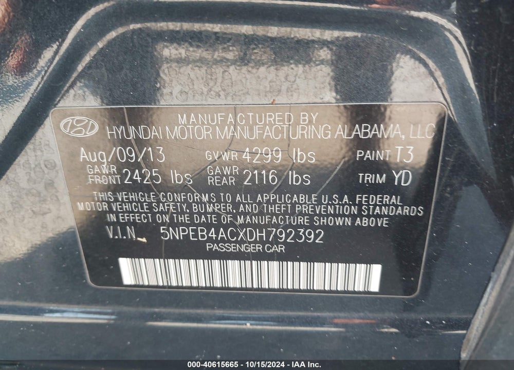 2013 HYUNDAI SONATA GLS VIN: 5NPEB4ACXDH792392