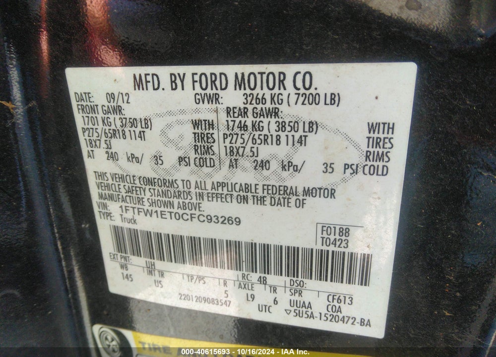 2012 FORD F-150 XLT VIN: 1FTFW1ET0CFC93269