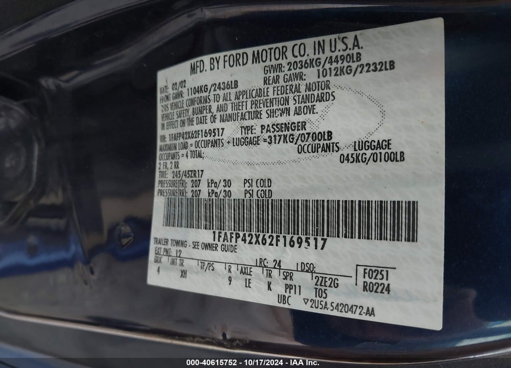 2002 FORD MUSTANG GT VIN: 1FAFP42X62F169517