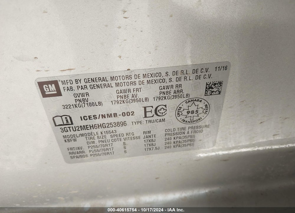 2017 GMC SIERRA VIN: 3GTU2MEH6HG253896