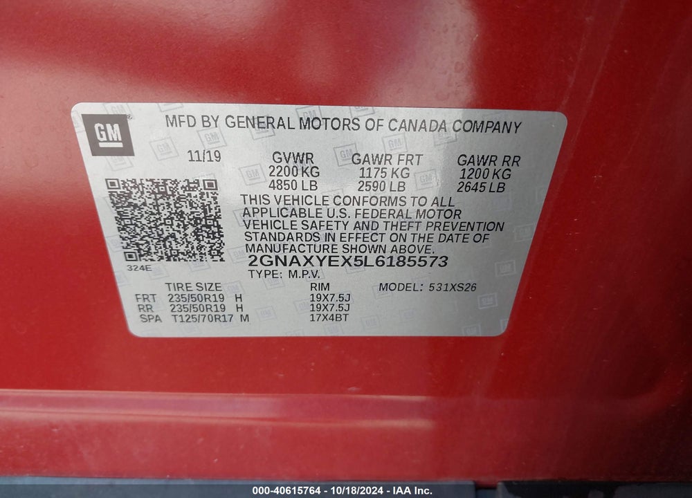 2020 CHEVROLET EQUINOX AWD PREMIER 2.0L TURBO VIN: 2GNAXYEX5L6185573