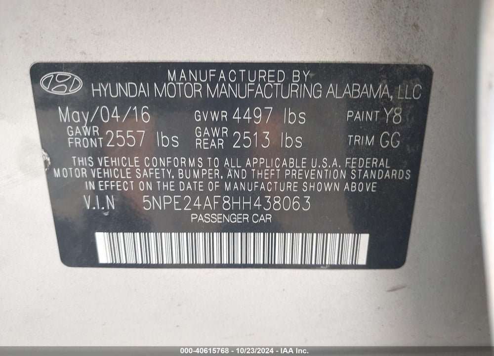 2017 HYUNDAI SONATA VIN: 5NPE24AF8HH438063