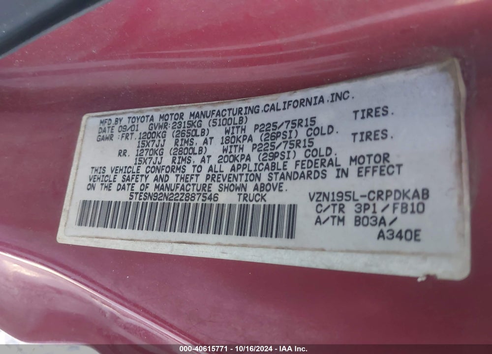 2002 TOYOTA TACOMA PRERUNNER V6 VIN: 5TESN92N22Z887546