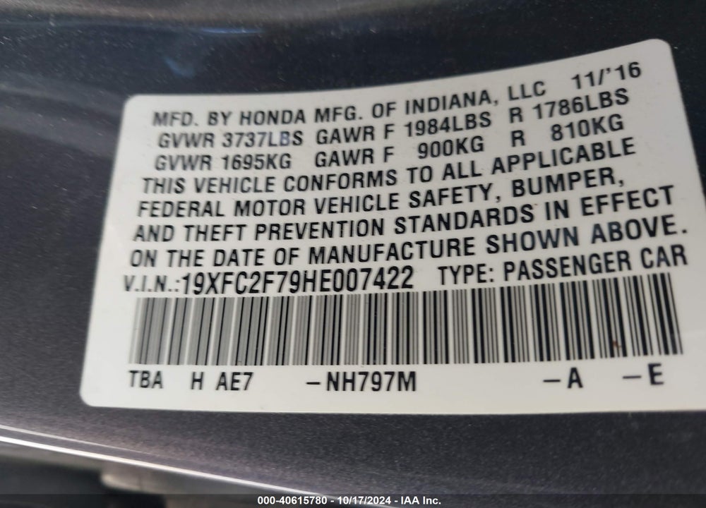 2017 HONDA CIVIC EX VIN: 19XFC2F79HE007422